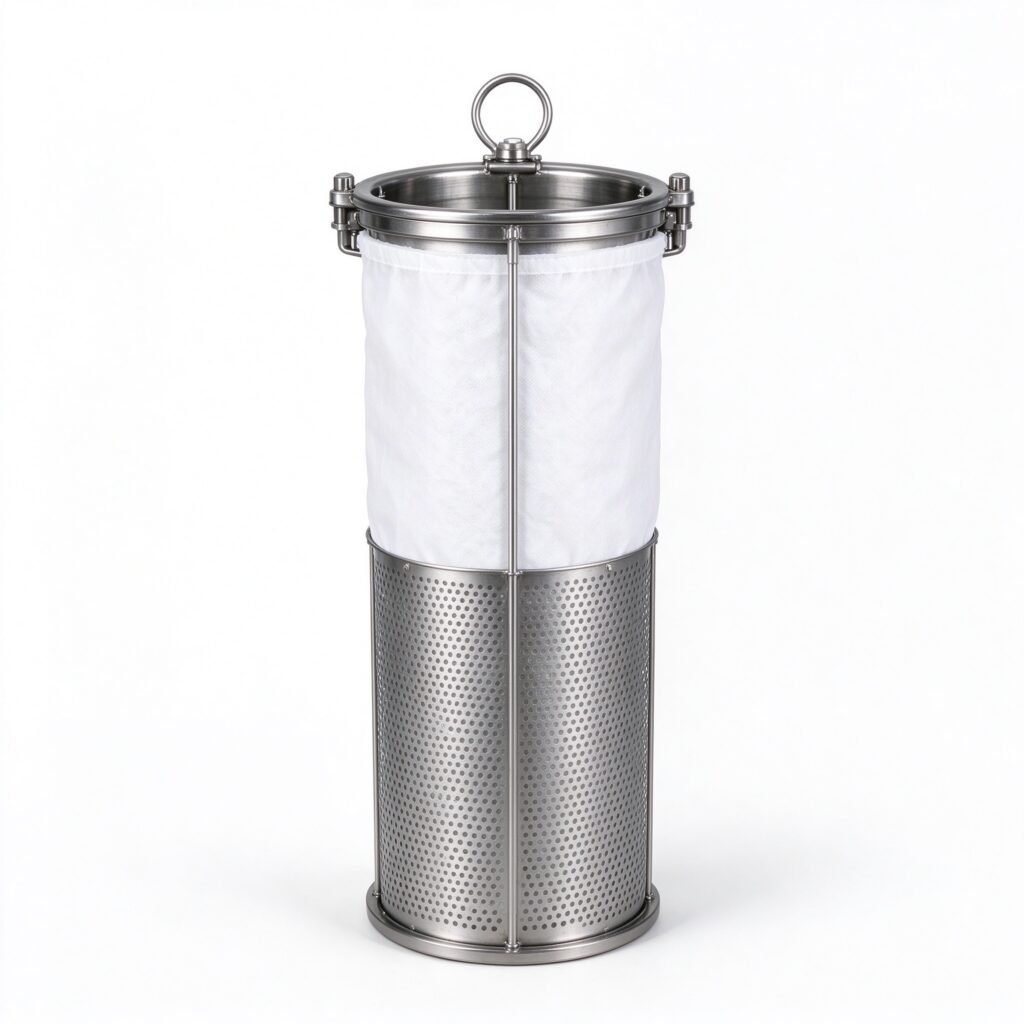 WIRES bag filter housing element with perforated stainless steel basket and non-woven filter bag