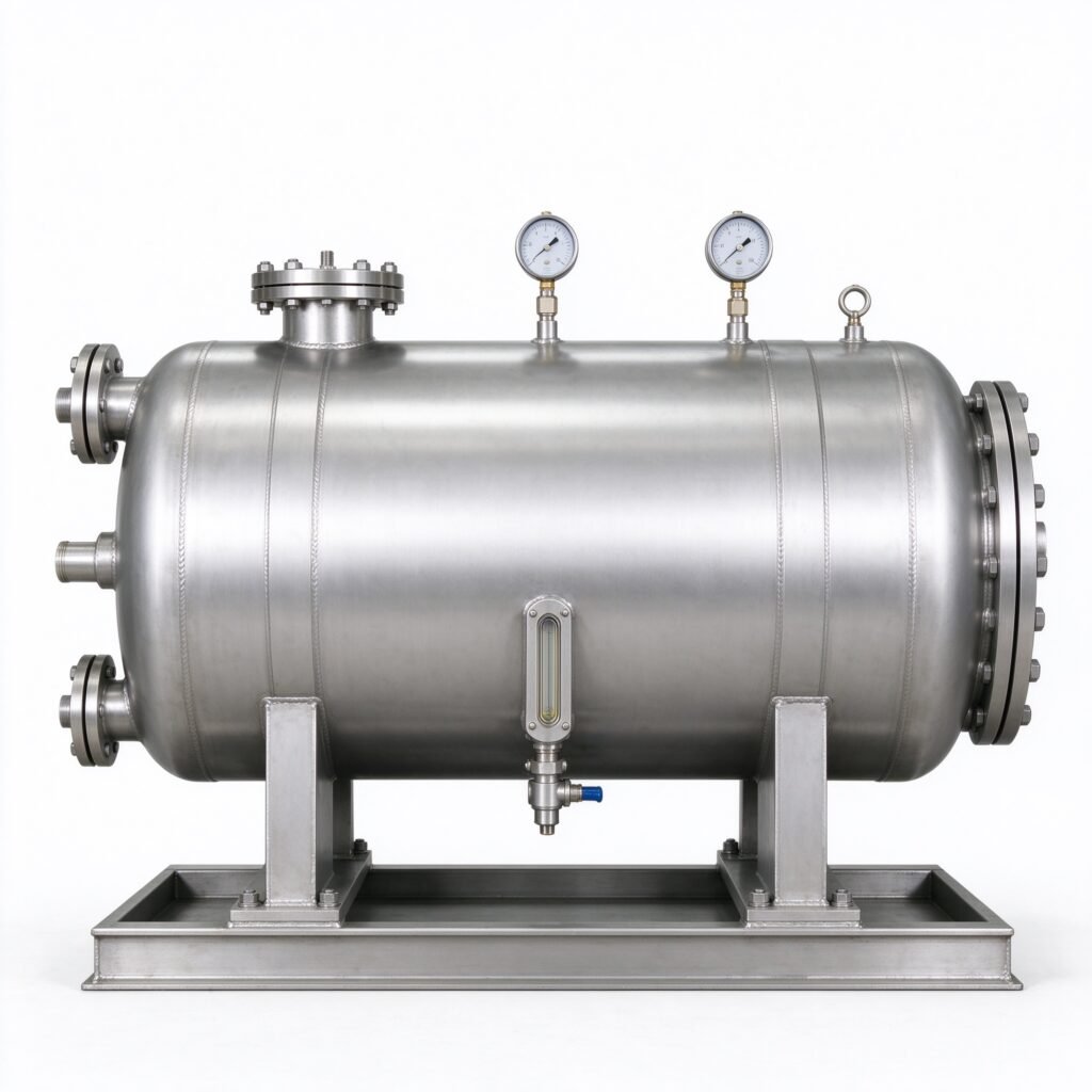 Horizontal stainless steel coalescing separator filter vessel with pressure gauges and sight glass