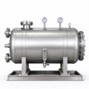 Horizontal stainless steel coalescing separator filter vessel with pressure gauges and sight glass