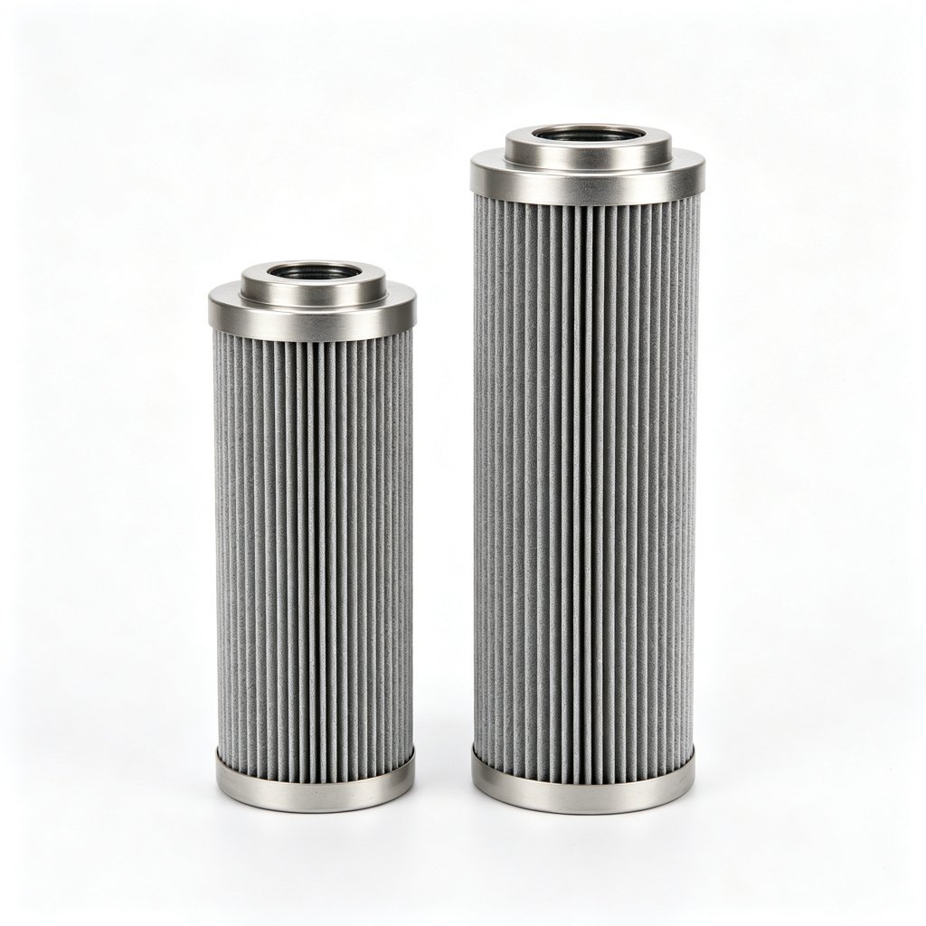 WIRES DONALDSON replacement hydraulic filter elements standing upright, grey pleated media with chrome steel end caps, pure white background