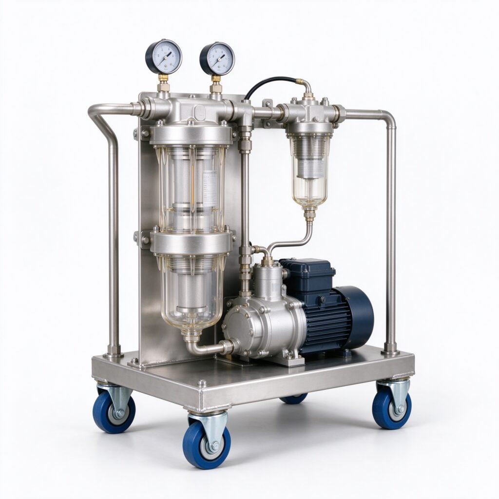 WIRES high precision oil filtration cart with stacked sight-glass filter housings on stainless skid