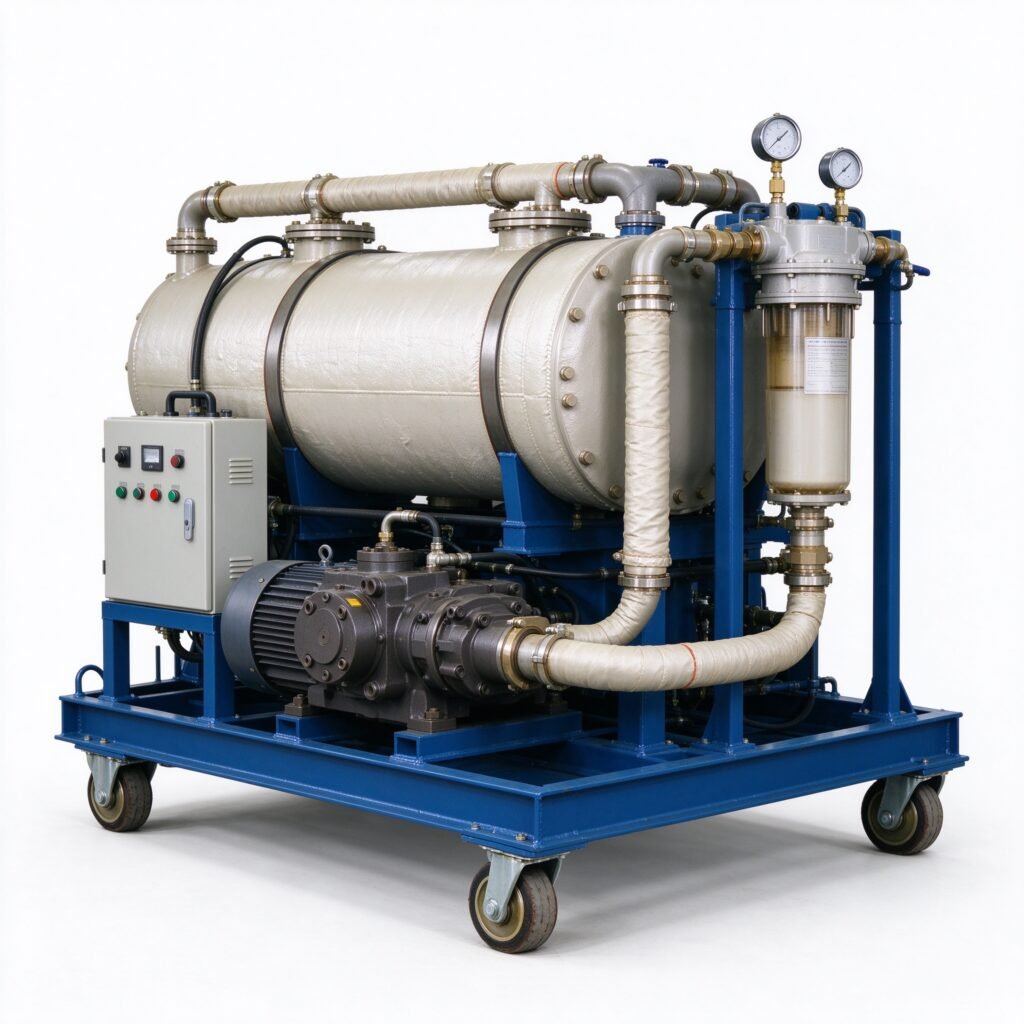 WIRES high viscosity oil purifier with insulated horizontal heating tank and heavy-duty gear pump