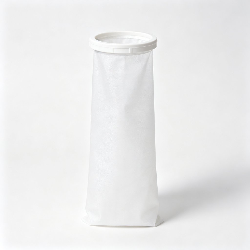 WIRES white polypropylene liquid filter bag with plastic injection-molded collar ring at top, pure white background
