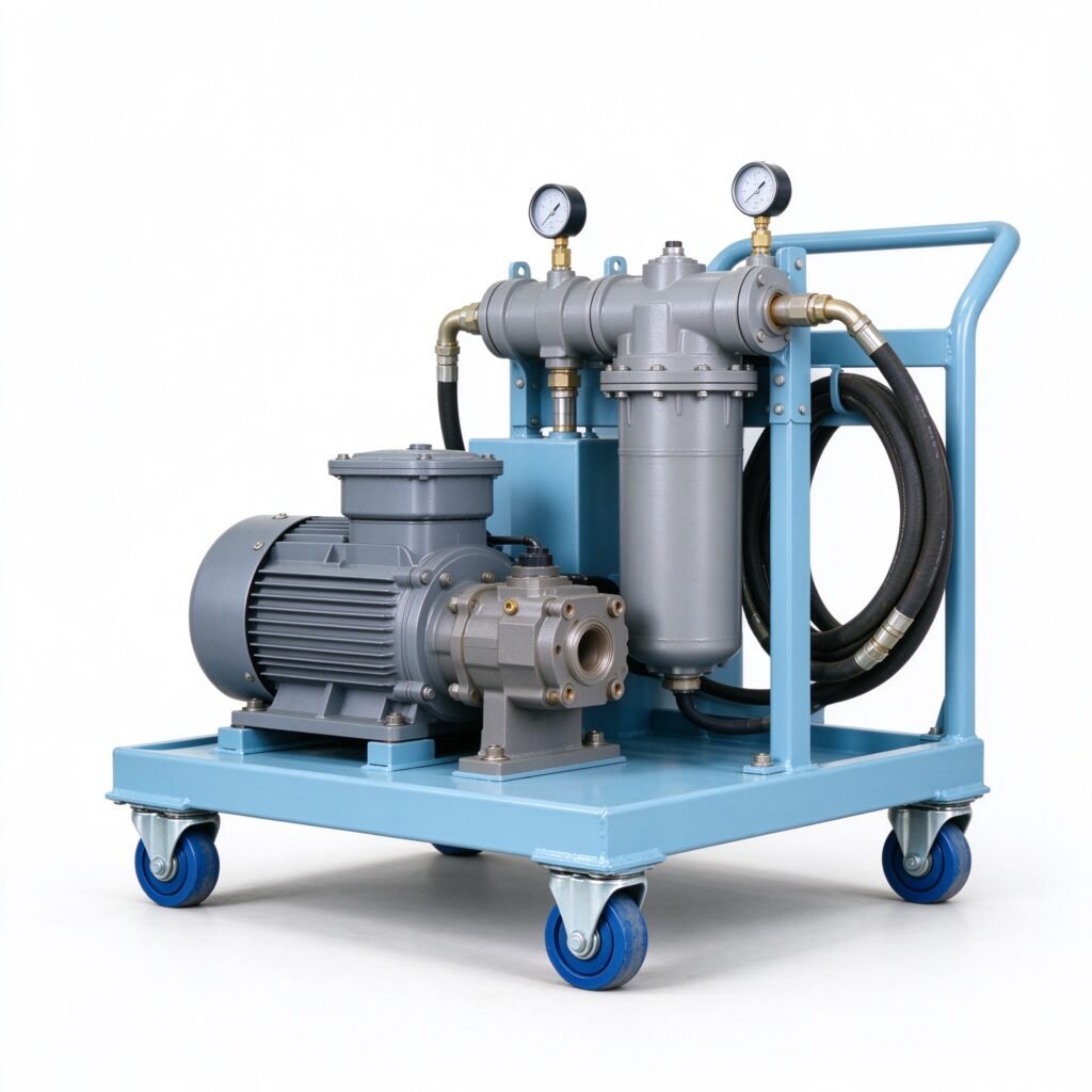 WIRES mobile oil purifier cart with motor, gear pump and filter vessel on caster wheels