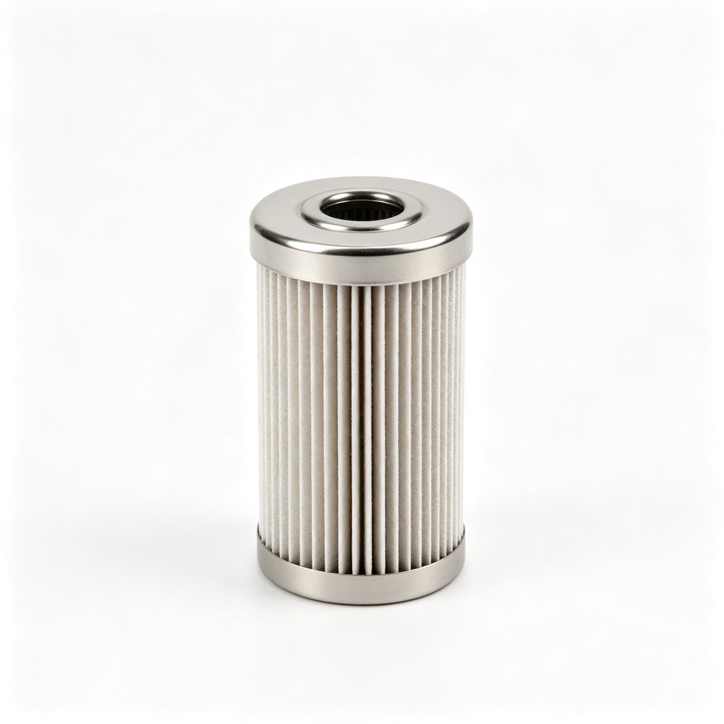 WIRES MP FILTRI replacement hydraulic filter element upright with pleated media and chrome steel top end cap, pure white background