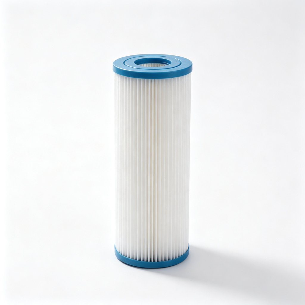 WIRES multi-fold pleated water filter cartridge with blue plastic end caps, white polyester media, pure white background