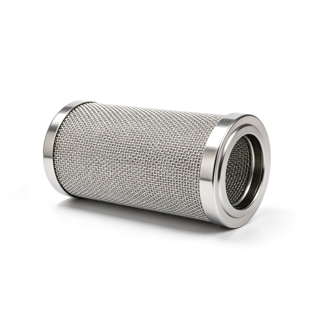 WIRES PARKER replacement hydraulic filter element with stainless steel woven mesh outer shell and steel end caps, pure white background
