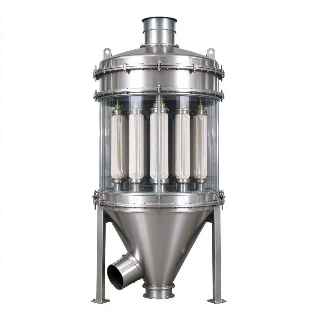 Stainless steel powder filter housing baghouse dust collector with filter bag elements and hopper