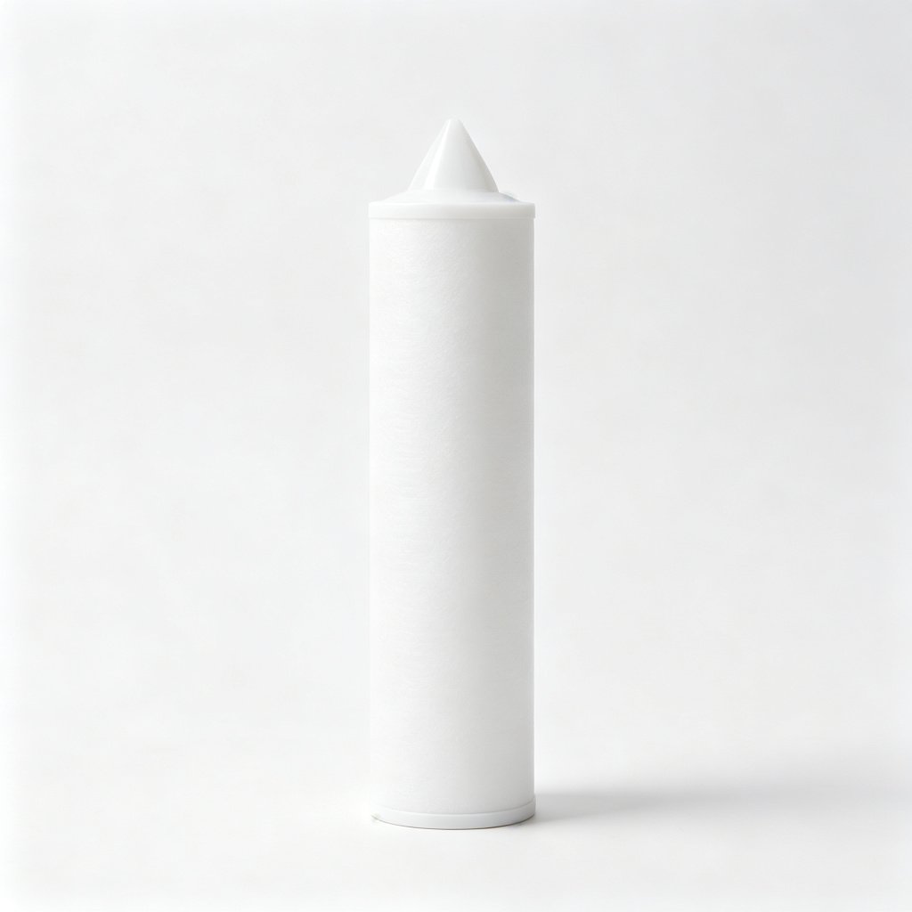 WIRES white PP melt-blown depth filter cartridge with pointed top end cap, smooth surface, pure white background