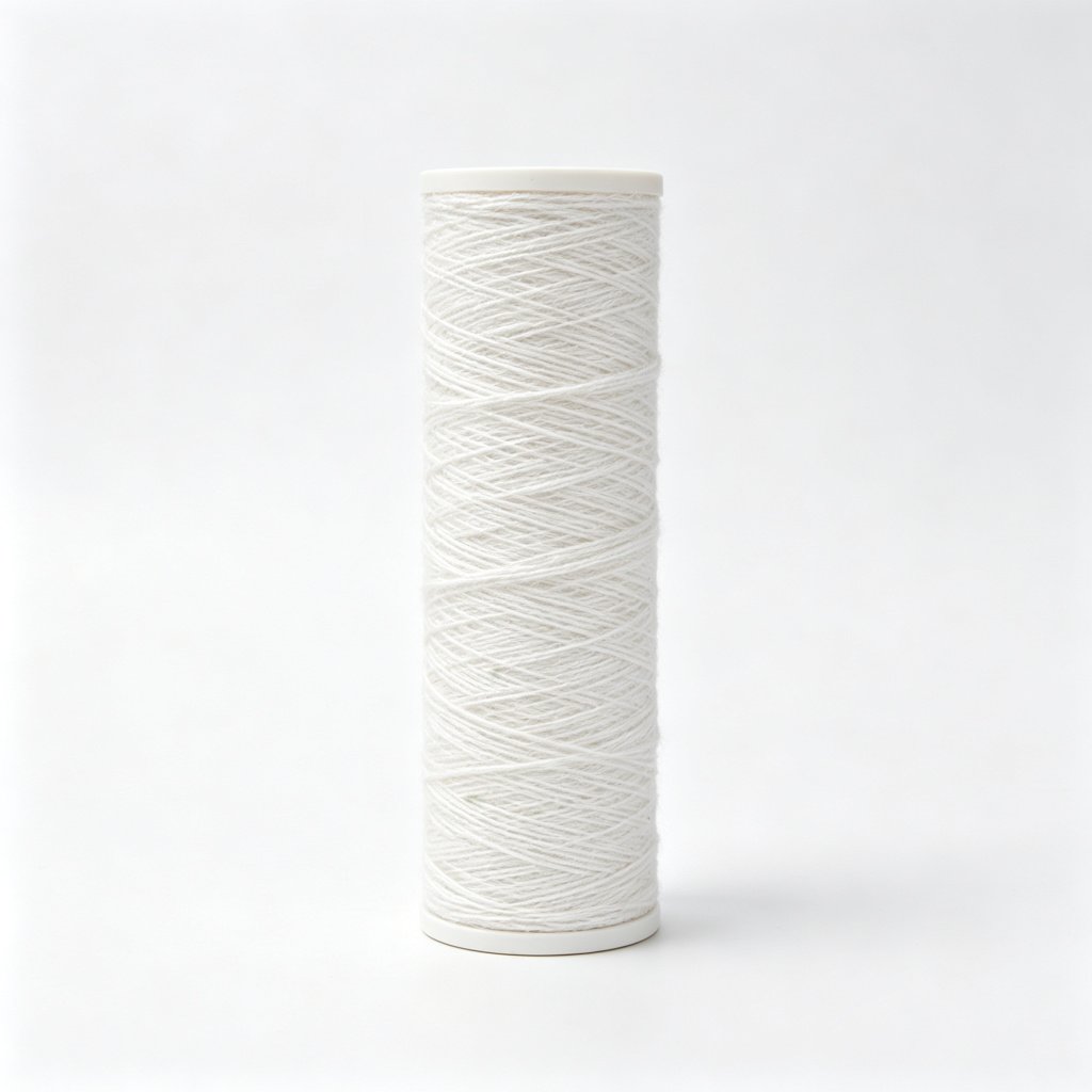 WIRES white string-wound depth filter cartridge with visible cotton yarn winding texture, pure white background