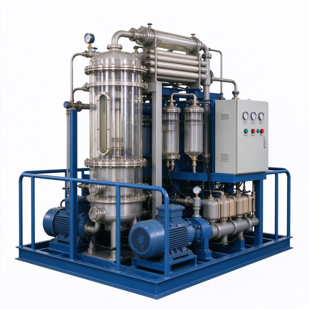 WIRES vacuum oil purifier skid with vertical vacuum drying tank, condenser and control panel